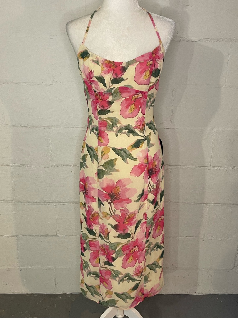 Lulu's Pink Floral Slip Midi Dress on Cream